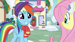 Size: 1280x720 | Tagged: safe, screencap, fluttershy, rainbow dash, g4, my little pony best gift ever, my little pony: friendship is magic, clothes, earmuffs, scarf, snow, winter outfit