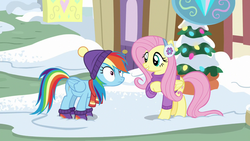 Size: 1280x720 | Tagged: safe, screencap, fluttershy, rainbow dash, pegasus, pony, g4, my little pony best gift ever, clothes, duo, earmuffs, female, fluttershy's purple sweater, folded wings, hat, mare, scarf, snow, sweater, sweatershy, wings, winter outfit