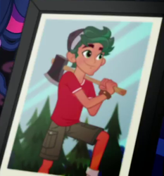 Size: 422x452 | Tagged: safe, screencap, timber spruce, human, eqg summertime shorts, equestria girls, g4, mad twience, axe, camp everfree outfits, clothes, cropped, cute, legs, male, photo, picture, picture frame, shorts, solo, timberbetes, weapon