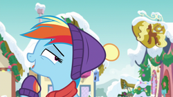 Size: 1280x720 | Tagged: safe, screencap, rainbow dash, pegasus, pony, g4, my little pony best gift ever, my little pony: friendship is magic, clothes, cute, dashabetes, female, mare, open mouth, raised hoof, scarf, snow, solo, winter outfit