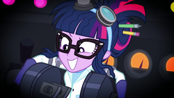 Size: 1920x1080 | Tagged: safe, screencap, sci-twi, twilight sparkle, equestria girls, g4, mad twience, my little pony equestria girls: summertime shorts, clothes, goggles, lab coat, mad scientist, plug