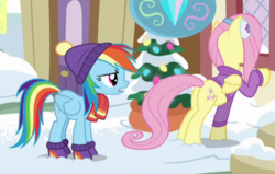Size: 591x375 | Tagged: safe, screencap, fluttershy, rainbow dash, pegasus, pony, g4, my little pony best gift ever, butt, clothes, cropped, earmuffs, eyes on the prize, female, fluttershy's purple sweater, mare, plot, scarf, snow, sweater, sweatershy, winter outfit
