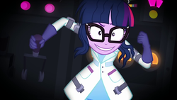 Size: 1920x1080 | Tagged: safe, screencap, sci-twi, twilight sparkle, equestria girls, g4, mad twience, my little pony equestria girls: summertime shorts, clothes, evil grin, glasses, gloves, grin, it begins, jacket, mad scientist, smiling, solo