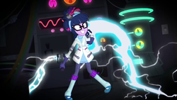 Size: 1920x1080 | Tagged: safe, screencap, sci-twi, twilight sparkle, equestria girls, g4, mad twience, my little pony equestria girls: summertime shorts, boots, clothes, electricity, glasses, gloves, grin, lab coat, mad scientist, pants, shoes, smiling