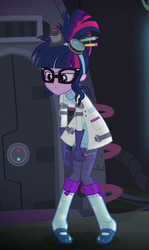 Size: 566x950 | Tagged: safe, screencap, sci-twi, twilight sparkle, equestria girls, g4, mad twience, my little pony equestria girls: summertime shorts, clothes, cropped, glasses, gloves, goggles, lab coat, pants