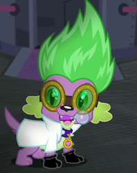 Size: 696x879 | Tagged: safe, screencap, spike, spike the regular dog, dog, equestria girls, g4, mad twience, my little pony equestria girls: summertime shorts, clothes, cropped, cute, gloves, goggles, lab coat, lightbulb, male, paws, spikabetes