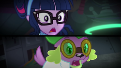 Size: 1920x1080 | Tagged: safe, screencap, sci-twi, spike, spike the regular dog, twilight sparkle, dog, equestria girls, g4, mad twience, my little pony equestria girls: summertime shorts, clothes, female, gasp, glasses, goggles, lab coat, male, shocked, tail