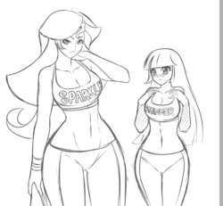 Size: 625x577 | Tagged: safe, artist:jadenkaiba, sunset shimmer, twilight sparkle, human, g4, breasts, cleavage, design, duo, female, height difference, humanized, implied lesbian, shirt design, sketch, wide hips