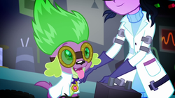 Size: 1920x1080 | Tagged: safe, screencap, sci-twi, spike, spike the regular dog, twilight sparkle, dog, eqg summertime shorts, equestria girls, g4, mad twience, clothes, cute, gloves, goggles, lab coat, smiling, spikabetes