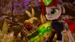 Size: 2560x1440 | Tagged: safe, artist:redaceofspades, oc, oc only, ghoul, pony, unicorn, fallout equestria, 3d, clothes, cutie mark, energy weapon, fanfic, fanfic art, female, floppy ears, forest, glowing horn, gun, horn, jumpsuit, laser rifle, levitation, magic, magical energy weapon, mare, source filmmaker, telekinesis, vault suit, weapon
