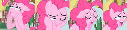 Size: 1577x370 | Tagged: safe, artist:thex-plotion, pinkie pie, earth pony, pony, g4, ahegao, bedroom eyes, blushing, comic, creamy creamy frosting, cropped, eyes closed, female, floppy ears, funny face, grin, lip bite, mare, nut, one eye closed, open mouth, silly face, smiling, tongue out, wink