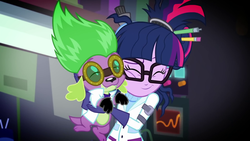 Size: 1920x1080 | Tagged: safe, screencap, sci-twi, spike, spike the regular dog, twilight sparkle, dog, equestria girls, g4, mad twience, my little pony equestria girls: summertime shorts, clothes, cute, eyes closed, glasses, gloves, goggles, hug, lab coat, spikabetes, spikelove, twiabetes