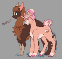 Size: 2600x2445 | Tagged: safe, artist:girlboyburger, derpibooru exclusive, oc, oc only, oc:adversity, oc:yummybuns, draconequus, pony, unicorn, claws, draconequus oc, high res, male, pastel, reference, simple background, size difference
