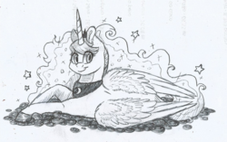 Size: 1024x643 | Tagged: safe, artist:69beas, princess luna, alicorn, pony, g4, collar, crown, ethereal mane, female, folded wings, jewelry, looking at you, mare, monochrome, prone, regalia, solo, stars, traditional art, wings