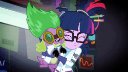 Size: 800x450 | Tagged: safe, screencap, sci-twi, spike, spike the regular dog, twilight sparkle, dog, equestria girls, g4, mad twience, my little pony equestria girls: summertime shorts, animated, clothes, cute, eyes closed, gif, glasses, gloves, goggles, hug, lab coat, paws, smiling, spikabetes, spikelove, twiabetes