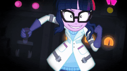 Size: 800x450 | Tagged: safe, screencap, sci-twi, twilight sparkle, equestria girls, g4, mad twience, my little pony equestria girls: summertime shorts, animated, clothes, electricity, evil smile, female, gif, glasses, gloves, grin, lab coat, mad scientist, pants, science, shoes, smiling