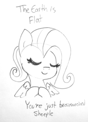 Size: 1277x1755 | Tagged: safe, artist:tjpones, fluttershy, pegasus, pony, g4, black and white, eyes closed, female, flat earth, flutterdumb, grayscale, idiot, monochrome, solo, wake up sheeple