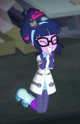 Size: 579x898 | Tagged: safe, screencap, sci-twi, twilight sparkle, equestria girls, g4, mad twience, my little pony equestria girls: summertime shorts, adorkable, clothes, cropped, cute, dork, excited, eyes closed, female, glasses, gloves, happy, lab coat, pants, shoes, smiling, solo, squee, twiabetes