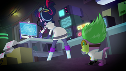 Size: 1920x1080 | Tagged: safe, screencap, sci-twi, spike, spike the regular dog, twilight sparkle, dog, equestria girls, g4, mad twience, my little pony equestria girls: summertime shorts, book, laboratory, the ass was fat