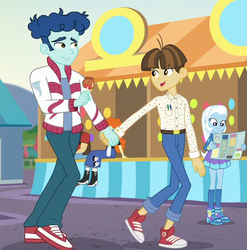 Size: 557x564 | Tagged: safe, screencap, curly winds, golden hazel, sandalwood, some blue guy, trixie, wiz kid, equestria girls, equestria girls series, g4, rollercoaster of friendship, apple, background human, candy apple, clothes, converse, cropped, female, food, gay, grin, holding hands, looking back, male, open mouth, ship:wizwinds, shipping, shipping fuel, shoes, sitting, smiling, sneakers