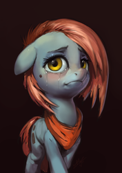 Size: 850x1200 | Tagged: safe, artist:assasinmonkey, oc, oc only, oc:satchel wave, earth pony, pony, bandana, crying, digital painting, female, solo