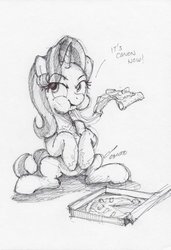 Size: 469x684 | Tagged: safe, artist:buckweiser, starlight glimmer, pony, unicorn, g4, eating, female, food, ink drawing, mare, messy eating, monochrome, pineapple pizza, pizza, pizza box, simple background, sitting, sketch, solo, text, that pony sure does love pineapple pizza, traditional art, white background