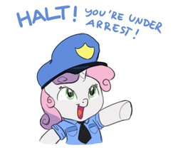 Size: 615x553 | Tagged: safe, artist:carnifex, edit, sweetie belle, pony, unicorn, g4, clothes, cute, dialogue, diasweetes, female, filly, hat, open mouth, pointing, police, police hat, police officer, police uniform, roleplaying, simple background, smiling, solo, stop right there criminal scum, uniform, weapons-grade cute, white background