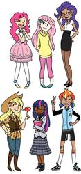 Size: 564x1205 | Tagged: safe, artist:playbunny, applejack, fluttershy, pinkie pie, rainbow dash, rarity, twilight sparkle, human, g4, alternate hairstyle, apple, book, dark skin, food, glasses, hair accessory, hand on hip, hands behind back, humanized, light skin, mane six, peace sign, pigtails, shoes, simple background, sneakers, white background