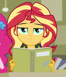 Size: 826x967 | Tagged: safe, screencap, pinkie pie, sunset shimmer, equestria girls, equestria girls series, g4, the finals countdown, bored, cropped, looking at you, solo focus, sunset shimmer is not amused, unamused
