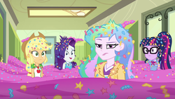 Size: 1920x1080 | Tagged: safe, screencap, applejack, princess celestia, principal celestia, rarity, sci-twi, twilight sparkle, best trends forever, equestria girls, equestria girls series, g4, best trends forever: pinkie pie, canterlot high, celestia is not amused, confetti, embarrassed grin, imminent detention, messy hair, not this shit again, ponytail, raised eyebrow, this will end in detention, unamused