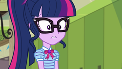 Size: 1920x1080 | Tagged: safe, screencap, sci-twi, twilight sparkle, best trends forever, equestria girls, equestria girls series, g4, best trends forever: twilight sparkle, confused, female, geode of telekinesis, glasses, jewelry, magical geodes, necklace, polo shirt, ponytail, solo