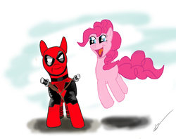 Size: 2404x1905 | Tagged: safe, artist:mr-darkblade, pinkie pie, earth pony, pony, g4, crossover, deadpool, duo, open mouth, ponified, signature, smiling