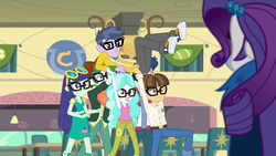 Size: 1920x1080 | Tagged: safe, screencap, blueberry cake, curly winds, microchips, paisley, rarity, scott green, some blue guy, wiz kid, best trends forever, equestria girls, equestria girls series, g4, background human, best trends forever: twilight sparkle, converse, glasses, nerd, shoes