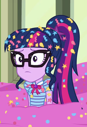 Size: 407x593 | Tagged: safe, screencap, sci-twi, twilight sparkle, best trends forever, equestria girls, equestria girls series, g4, best trends forever: pinkie pie, canterlot high, confetti, female, geode of telekinesis, glasses, imminent detention, magical geodes, messy hair, ponytail, worried