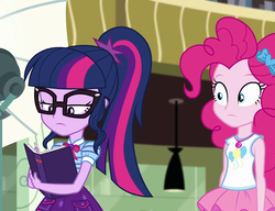 Size: 1409x1080 | Tagged: safe, screencap, pinkie pie, sci-twi, twilight sparkle, best trends forever, equestria girls, equestria girls series, g4, best trends forever: twilight sparkle, book, clothes, cropped, female, geode of sugar bombs, geode of telekinesis, glasses, magical geodes, ponytail, reading, shrunken pupils, skirt