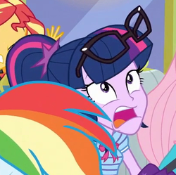 Size: 408x407 | Tagged: safe, screencap, fluttershy, rainbow dash, sci-twi, sunset shimmer, twilight sparkle, equestria girls, g4, my little pony equestria girls: better together, road trippin, cropped, female, geode of telekinesis, glasses, magical geodes, solo focus