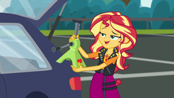 Size: 1920x1080 | Tagged: safe, screencap, sunset shimmer, driving miss shimmer, driving miss shimmer: applejack, equestria girls, g4, my little pony equestria girls: better together, apple jack (tool), car, female, geo metro, pun, solo, visual pun