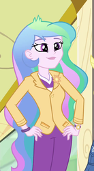 Size: 471x856 | Tagged: safe, screencap, princess celestia, principal celestia, best trends forever, best trends forever: pinkie pie, equestria girls, g4, my little pony equestria girls: better together, blazer, bracelet, clothes, cropped, cutie mark accessory, female, hand on hip, jewelry, pants, smiling, solo, watch, wristwatch