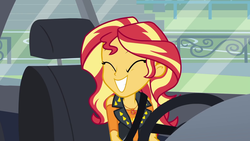 Size: 1920x1080 | Tagged: safe, screencap, sunset shimmer, driving miss shimmer, driving miss shimmer: rarity, equestria girls, g4, my little pony equestria girls: better together, my little pony equestria girls: choose your own ending, ^^, car, cute, eyes closed, female, geode of empathy, grin, happy, magical geodes, seatbelt, shimmerbetes, smiling, solo, steering wheel