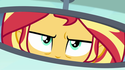 Size: 1920x1080 | Tagged: safe, screencap, sunset shimmer, driving miss shimmer, equestria girls, equestria girls series, g4, annoyed, driving miss shimmer: fluttershy, female, fluttershy's car, rear view mirror, solo, sunset shimmer is not amused, unamused