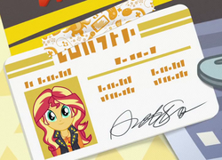 Size: 718x517 | Tagged: safe, screencap, sunset shimmer, driving miss shimmer, equestria girls, g4, my little pony equestria girls: better together, cropped, driver's license, female, geode of empathy, magical geodes, solo, written equestrian