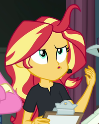 Size: 701x881 | Tagged: safe, screencap, nolan north, sunset shimmer, all the world's off stage, equestria girls, equestria girls series, g4, clipboard, cropped, director shimmer, exasperated face, faic, female, frustrated, male, offscreen character, solo