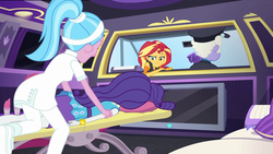 Size: 1920x1080 | Tagged: safe, screencap, aloe, randolph, rarity, sunset shimmer, driving miss shimmer, driving miss shimmer: rarity, equestria girls, g4, my little pony equestria girls: better together, my little pony equestria girls: choose your own ending, bracelet, car, chauffeur, fuzzy dice, geode of empathy, jewelry, limousine, magical geodes, massage table, masseuse, misleading thumbnail