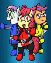 Size: 2400x3000 | Tagged: safe, artist:saburodaimando, apple bloom, scootaloo, sweetie belle, earth pony, pegasus, pony, unicorn, g4, bipedal, blue ranger, female, high res, power rangers, power rangers beast morphers, red buster, red ranger, super sentai, tokumei sentai go-busters, yellow ranger