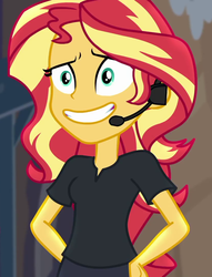 Size: 824x1078 | Tagged: safe, screencap, sunset shimmer, equestria girls, g4, my little pony equestria girls: better together, opening night, opening night: sunset shimmer, cropped, director shimmer, faic, female, forced smile, headset, nervous, smiling, solo, stepford smiler, stressed