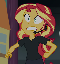 Size: 993x1059 | Tagged: safe, screencap, sunset shimmer, equestria girls, g4, my little pony equestria girls: better together, opening night, opening night: sunset shimmer, cropped, director shimmer, faic, female, frown, gritted teeth, headset, solo, wide eyes, worried