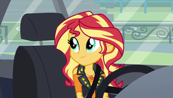 Size: 1920x1080 | Tagged: safe, screencap, sunset shimmer, driving miss shimmer, driving miss shimmer: rarity, equestria girls, g4, my little pony equestria girls: better together, car, cute, female, geode of empathy, magical geodes, shimmerbetes, solo, steering wheel