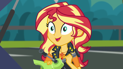 Size: 1920x1080 | Tagged: safe, screencap, sunset shimmer, driving miss shimmer, equestria girls, equestria girls series, g4, apple jack (tool), car, driving miss shimmer: applejack, female, solo