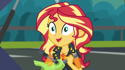 Size: 1920x1080 | Tagged: safe, screencap, sunset shimmer, driving miss shimmer, driving miss shimmer: applejack, equestria girls, g4, my little pony equestria girls: better together, apple jack (tool), car, female, solo