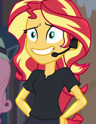 Size: 840x1080 | Tagged: safe, screencap, sunset shimmer, equestria girls, g4, my little pony equestria girls: better together, opening night, opening night: sunset shimmer, cropped, director shimmer, female, grin, headset, nervous, nervous smile, smiling, solo, sweat, sweating profusely